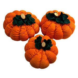 3 Orange Corduroy Pumpkin Plush Wood Stems Felt Leaves Fall Harvest Decor Jo-Ann